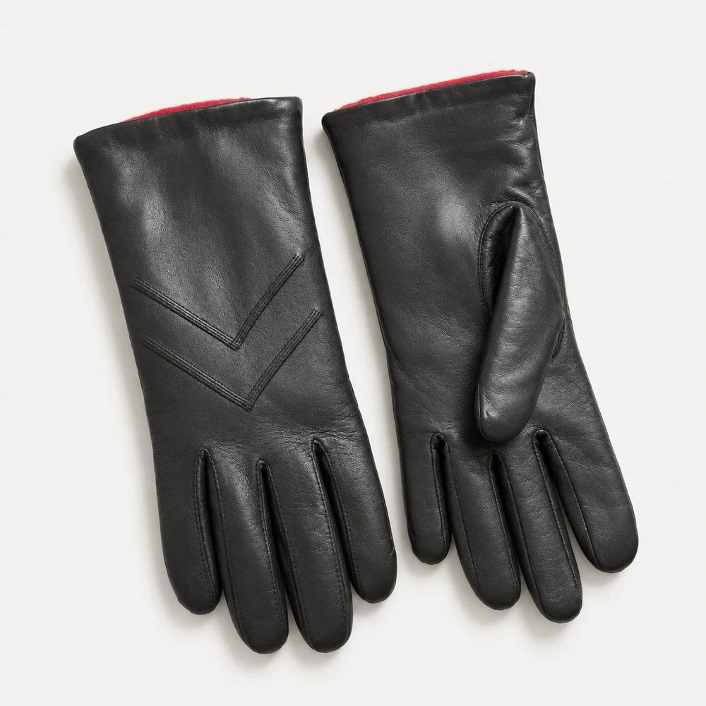 Women's Black Genuine Sheep Leather Gloves Red Lined Chevron Stitch Winter